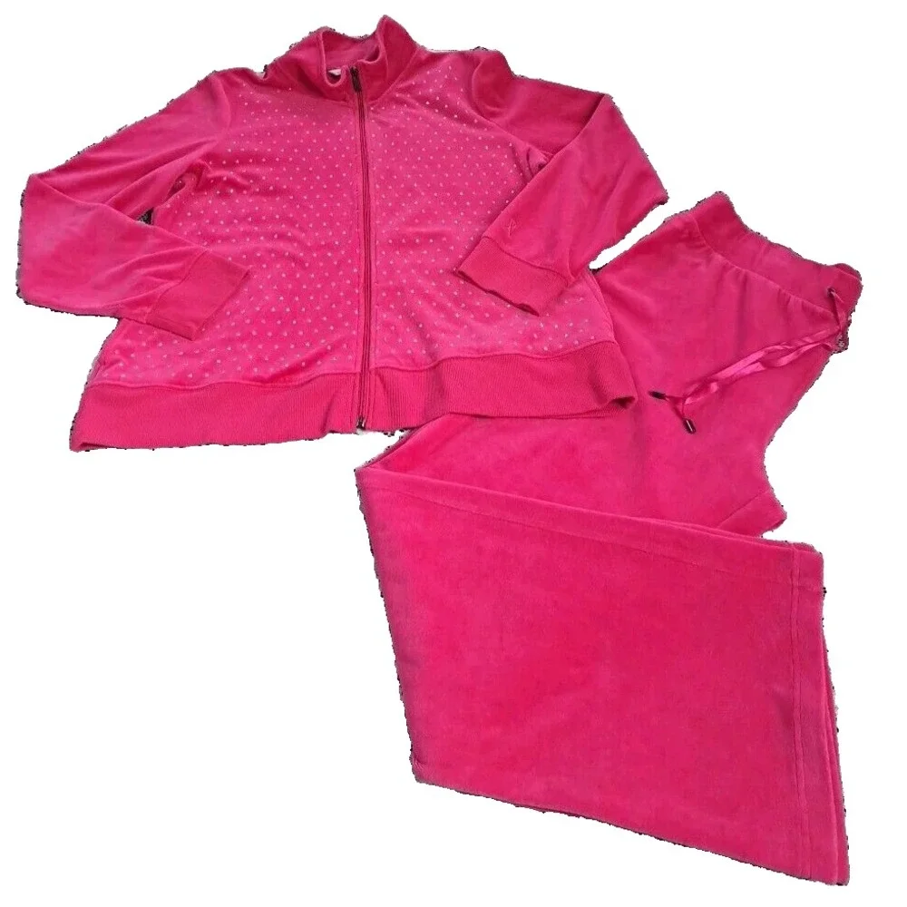 Laura Ashley Pink Velour Tracksuit Set XL Rhinestone‎ Zip Jacket Wide Leg Pants